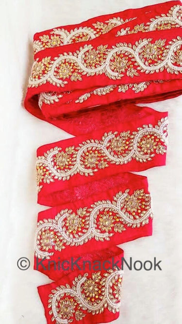 Red Silk Lace Trim With Floral Zardozi Hand Embroidery And White Beads & Indian Stones Kundan Embellishment, Approx. 80mm, Decorative Trim